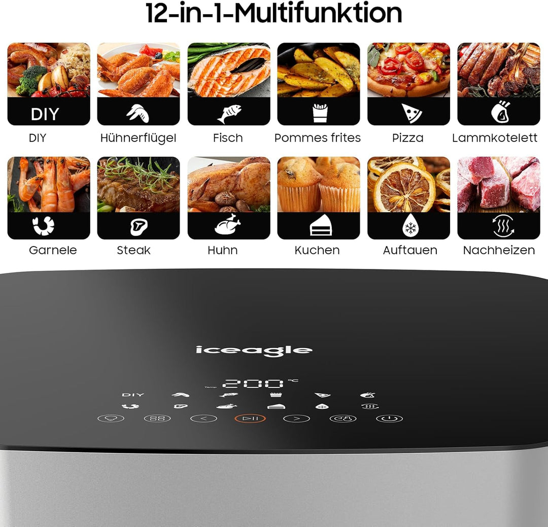 Iceagle Heissluftfritteuse 9L XXL - 2000W Airfryer mit Ober- und Unterheizung | Heissluftfritteuse m