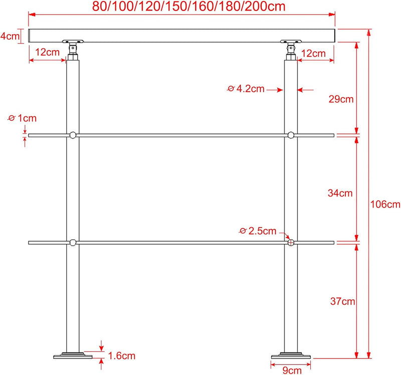 XMTECH Geländer Treppengeländer Handlauf Ø42mm aus Edelstahl, Brüstung Treppe Bausatz mit Querstab f