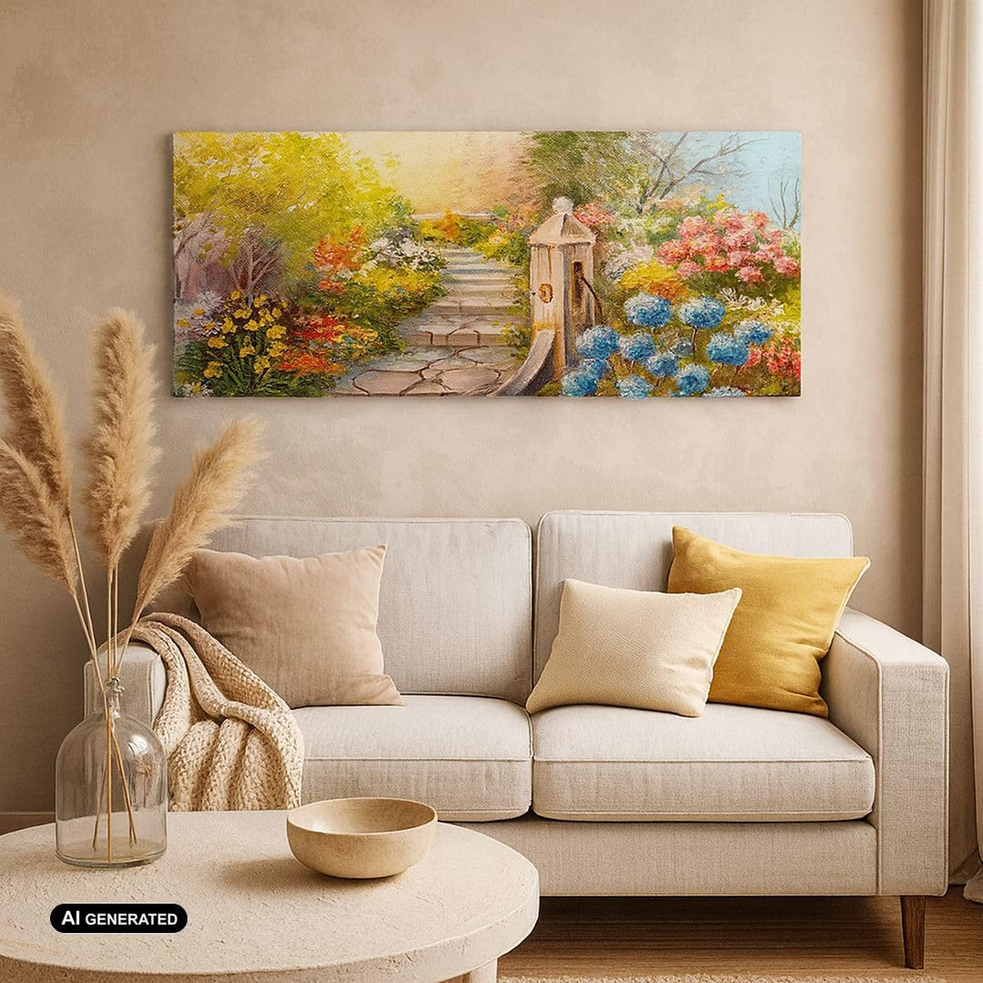 Wandbilder Dekoration Wohnzimmer Garten Blumen Sommer Panorama Bilder auf Leinwand 120x50cm Leinwand