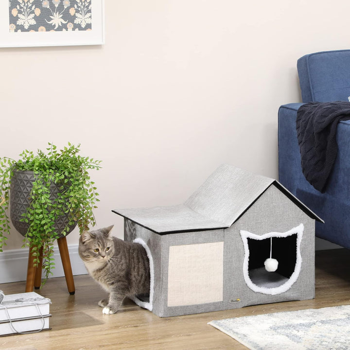 PawHut Katzenhöhle Katzenbett mit waschbarem Kissen, Kratzmatte, Spielball, Doppeltüren, Katzenhaus