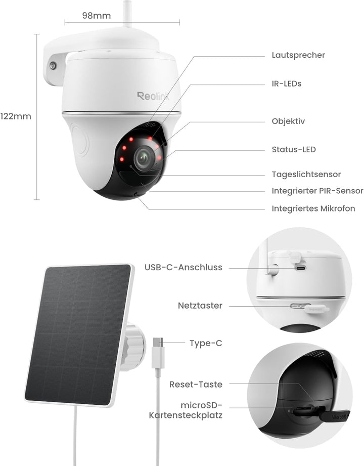Reolink 2K Überwachungskamera Aussen Set WLAN mit Solar-/Akkubetrieb, 360° Schwenkbare, KI-Erkennung
