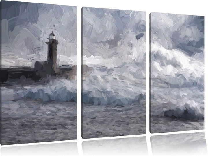 Pixxprint Sturmwellen Leuchtturm Portugal als Leinwandbild/Grösse: 3 Teilig (120x80 cm) cm/Wandbild/