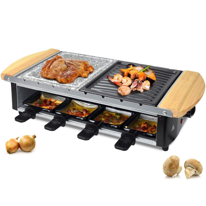 Syntrox Raclette Grill Urilas für 8 Personen, 1200W mit Naturstein und Grillplatte, 8 Antihaftbeschi
