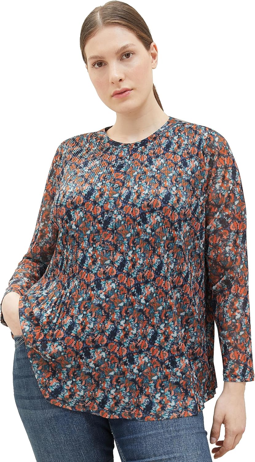 TOM TAILOR Damen 1039920 Mesh-Langarmshirt Bluse mit Muster (1er Pack) 48 32370 - Navy Small Tie Dye