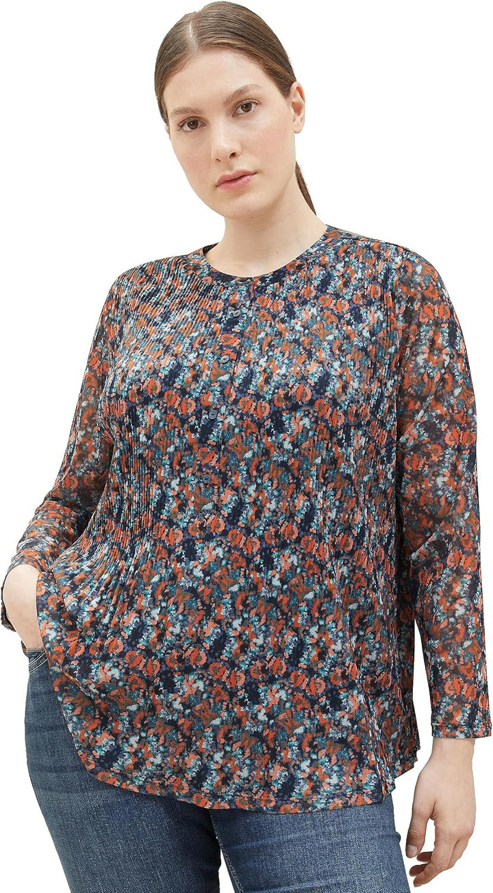 TOM TAILOR Damen 1039920 Mesh-Langarmshirt Bluse mit Muster (1er Pack) 48 32370 - Navy Small Tie Dye