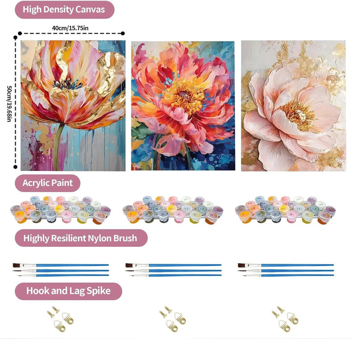 JATOK 3 Stück Malen Nach Zahlen Erwachsene, DIY Blumen Gemälde für Anfänger, Handgemalt Ölgemälde Le