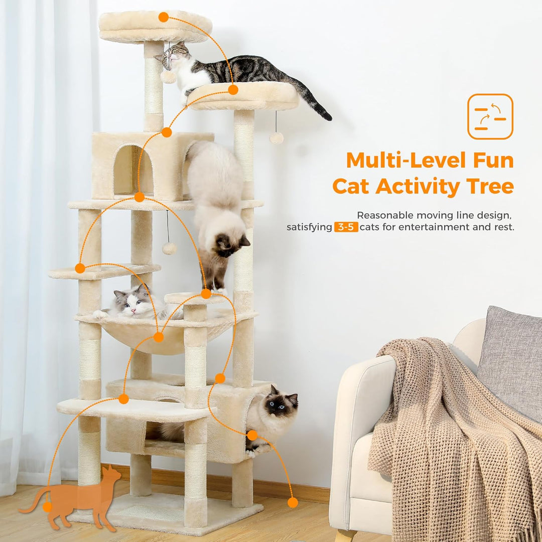 PAWZ Road Kratzbaum Grosse Katzen Stabil, 184 cm hoch, 7 Sisalpfosten, Grosser Sitzstange, Höhle, Kö