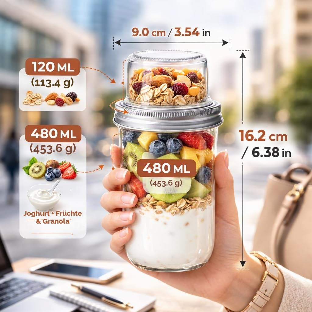 Doppelschicht Glas Salatglas mit Deckel, Trocken- und Nassgetrennt, Frühstücksbecher für Joghurt Müs