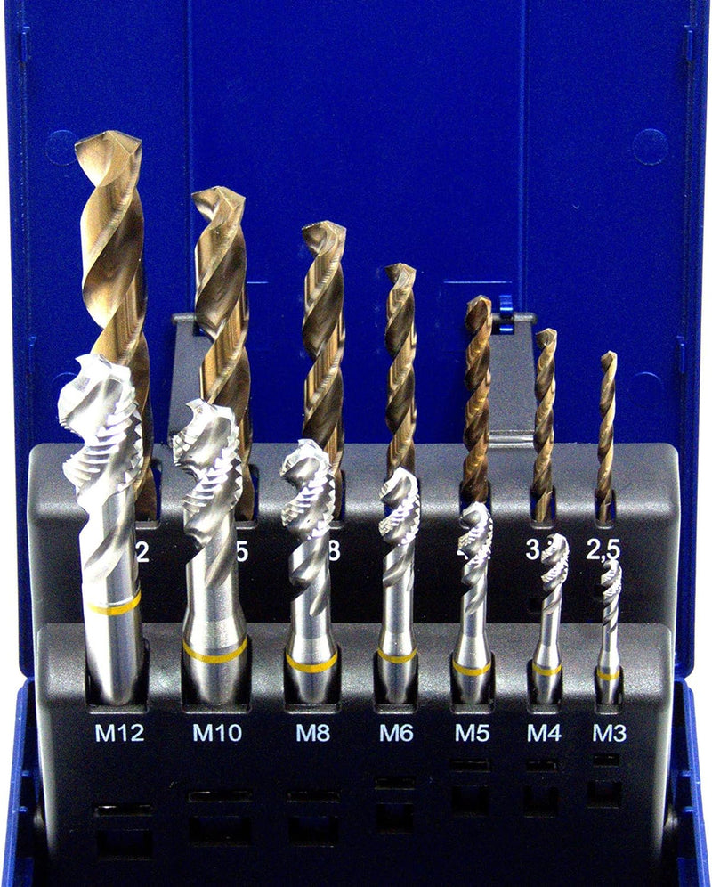 WSH-TOOLS Maschinengewindebohrer Set 14-teilig M3 - M12 HSSE-Co5 DIN 371 Sackloch 39° RSP Gelbring i