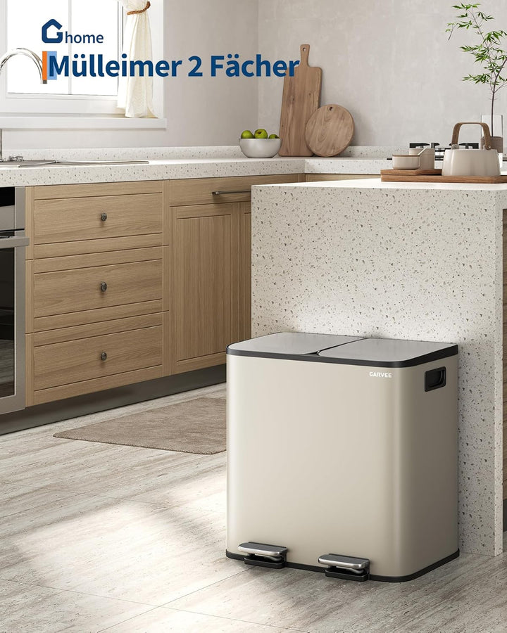 GarveeHome Mülleimer Küche, 2 x 15 L, Mülltrennsystem 2 Fächer, Edelstahl-Tretmülleimer mit 2 getren