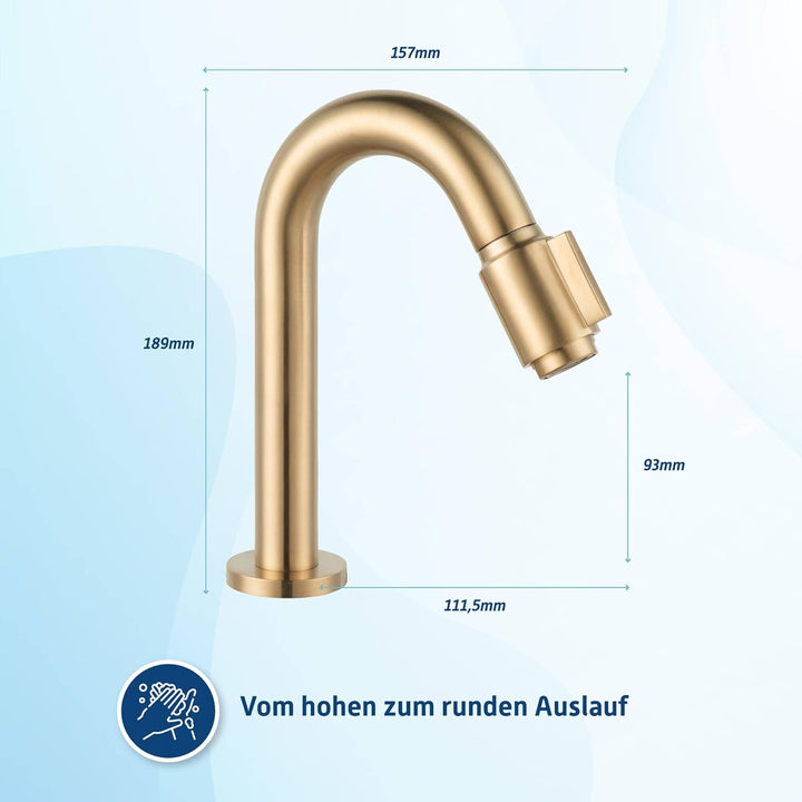 Essential 2.0 Kaltwasserhahn Gäste WC - 19 cm Hoher Waschtischarmatur - Messing - Mit Rosetten - Gol