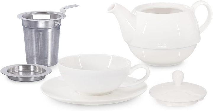 Tea for One mit Sieb Lena 500ml aus Crystal Bone China Porzellan in weiss. Teekanne + Teetasse + Unt