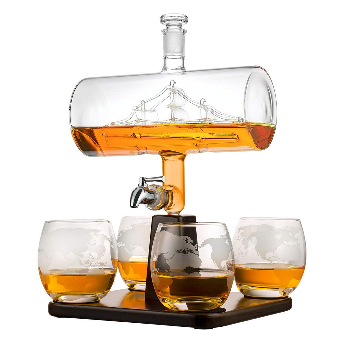 Whisky-Set 4er Whiskygläser 320ml, Glas-Karaffe mit Segelschiff Füllmenge 1000ml, Edelstahlhahn - Bl