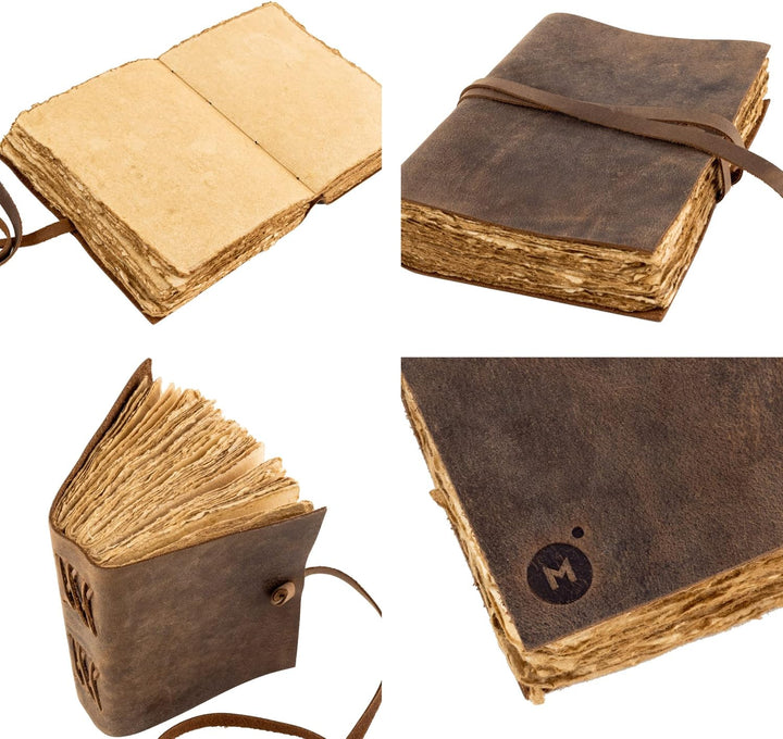 Vintage Leder Notizbuch, 240 Seiten Holzfreies Baumwoll-Büttenpapier, Deckle Edge Journal, MOONSTER®