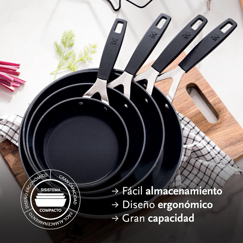 MasterPro Smart | 3er Set Bratpfannen 20, 24 und 28 cm, Wok 28 cm und 4er Set Schutzhüllen | geschmi