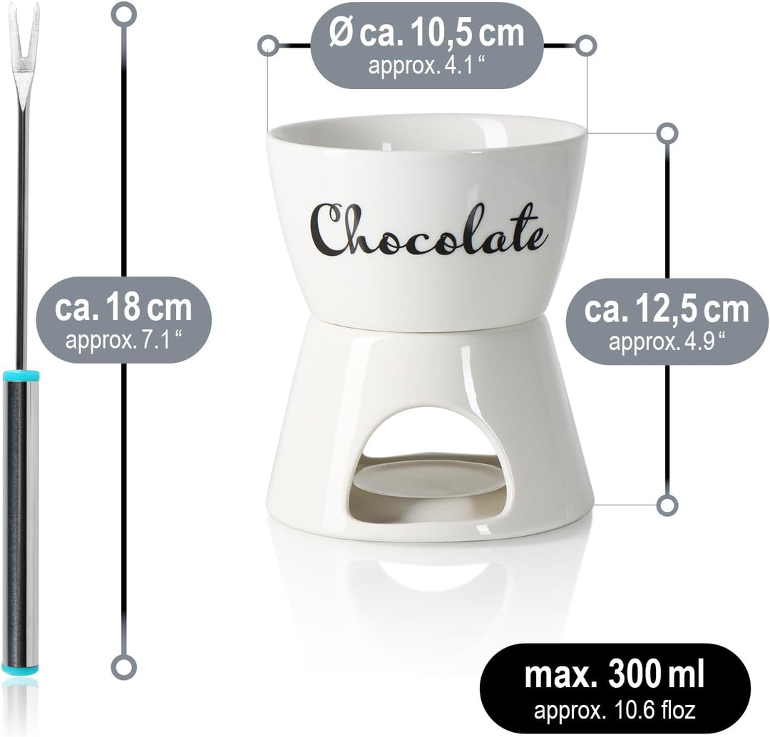 com-four® Schokoladenfondue-Set mit Schriftzug - Schmelztopf für Schokolade und Käse - Keramikschale