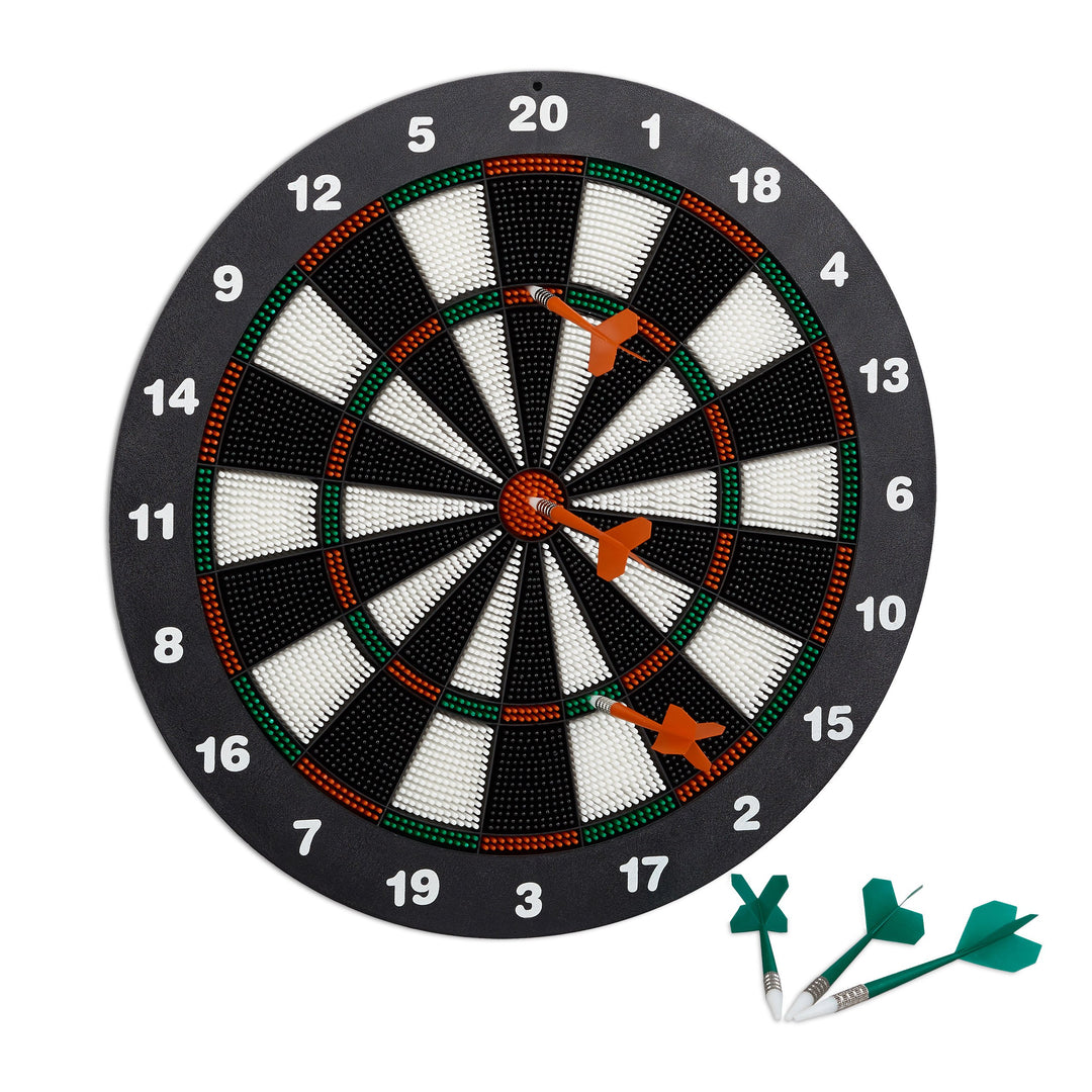 Relaxdays Dartscheibe 42 cm, Softdart Safety Darts, 6 Pfeile, kindgerecht, Standfuss Sicherheits-Dar