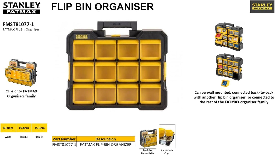 Stanley Fmst81077-1 Flip Bin Organizer FatMax® Grosse, weite Basis- Kippbare und abnehmbare Eimer -