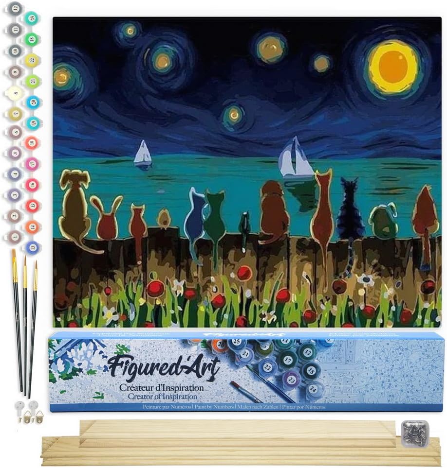 Figured'Art Malen Nach Zahlen Erwachsene Mit Rahmen Sternennacht und Tiere von hinten - Paint by Num