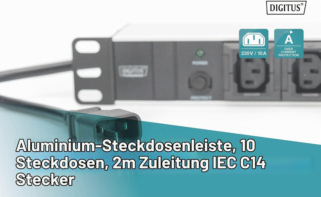DIGITUS 19" Steckdosenleiste - 10 IEC C13 Abgriffe - 1HE - 250VAC - 50/60Hz - 10A - 2500W - Mit Über