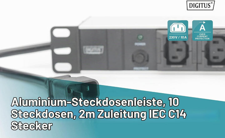 DIGITUS 19" Steckdosenleiste - 10 IEC C13 Abgriffe - 1HE - 250VAC - 50/60Hz - 10A - 2500W - Mit Über