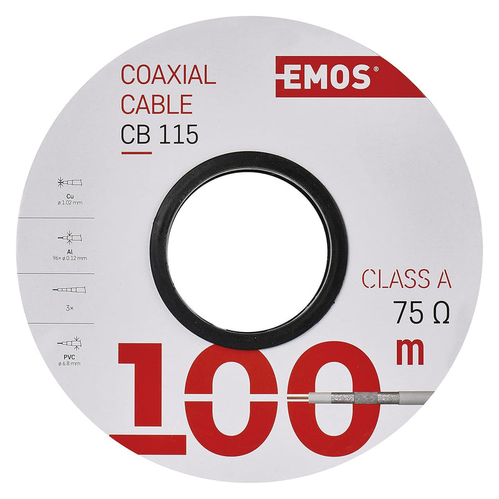 EMOS Antennenkabel 100m weiss, Koaxialkabel CLASS A für SAT, TV und CCTV, Typ CB115, dreifach geschi