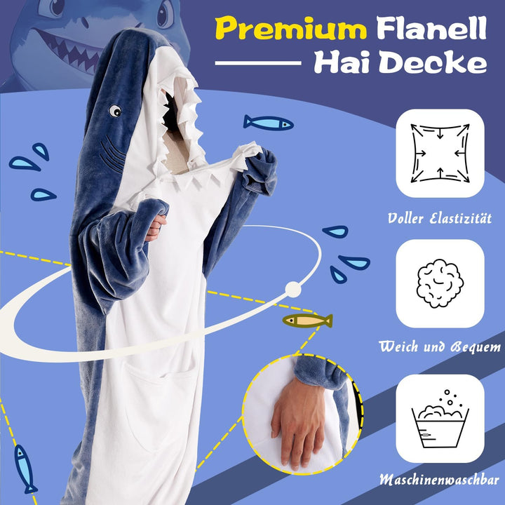 Hai Decke mit Ärmeln,Flanelldecke mit Kapuze für Cosplay-Shows,Superweicher Sofa Kuscheldecke Hai De