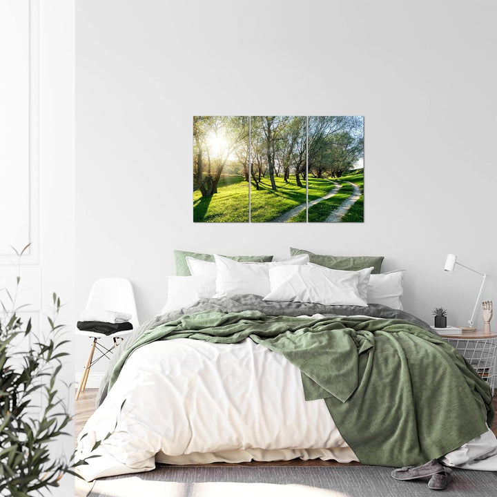 Runa Art Wandbilder Wald Landschaft Bild XXL Schlafzimmer Wohnzimmer Grün Sonne 120 x 80 cm 3 Teilig
