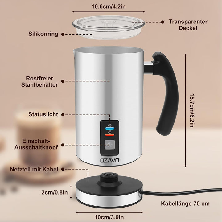 OZAVO Milchaufschäumer, elektrische Milk Frother, 240ml Kapazität, 500W Milchschäumer, Warm und Kalt