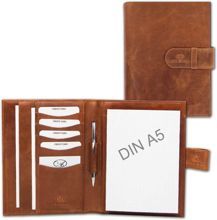 ALMADIH Leder A5 Schreibmappe mit Schreibblock Premium Rindsleder Hell-braun Deluxe Ledermappe Mappe