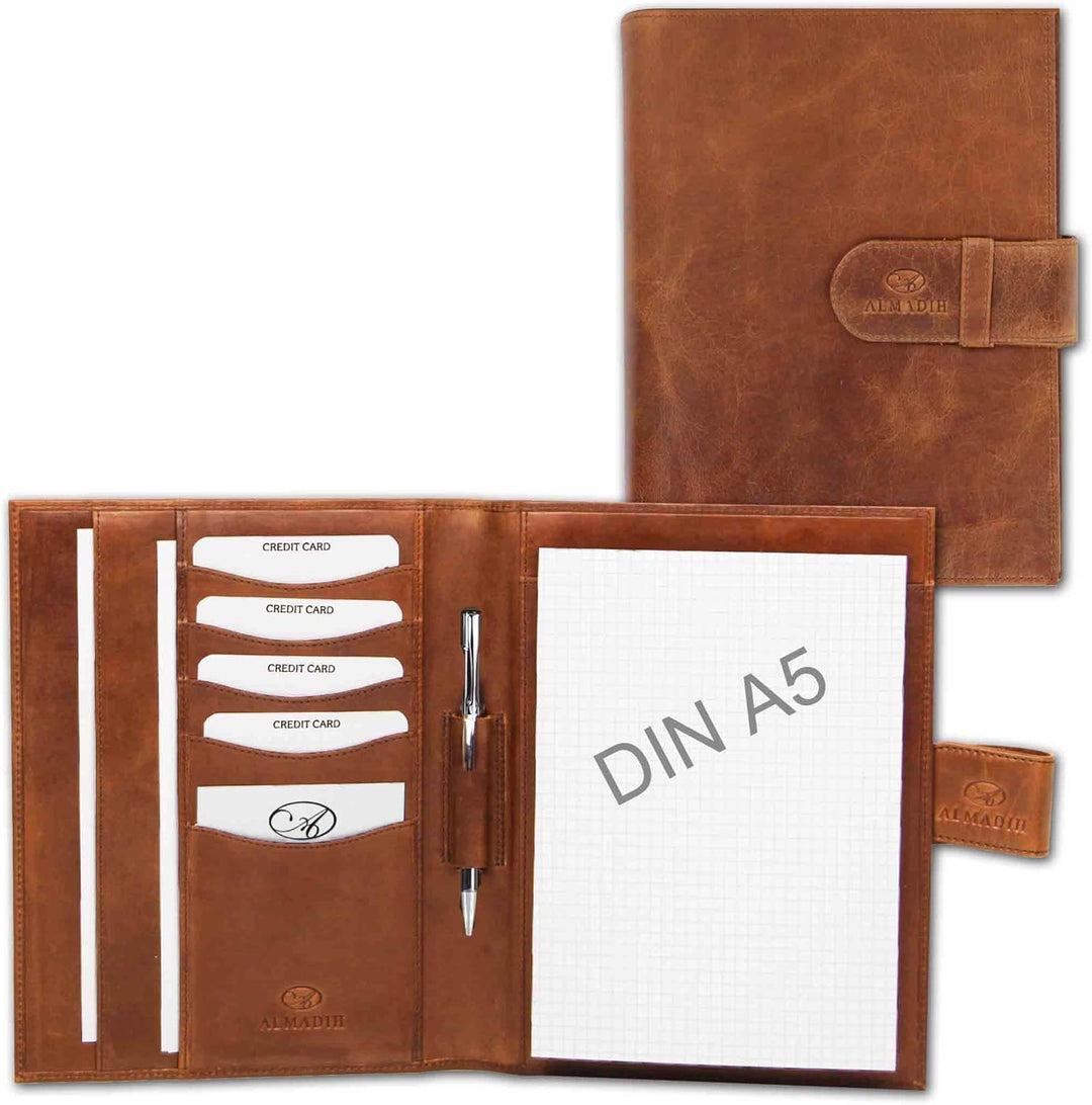 ALMADIH Leder A5 Schreibmappe Schreibblock Premium Rindsleder Braun Deluxe Ledermappe Mappe Dokument