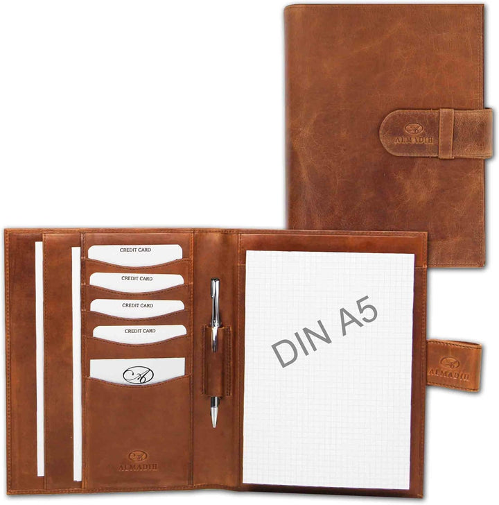 ALMADIH Leder A5 Schreibmappe Schreibblock Premium Rindsleder Braun Deluxe Ledermappe Mappe Dokument