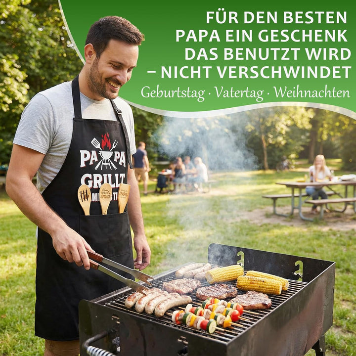 Papa Geschenk Set - Graviertes Bambus Schneidebrett Mit Personalisiertes Schürze und 3 Holzlöffel, B
