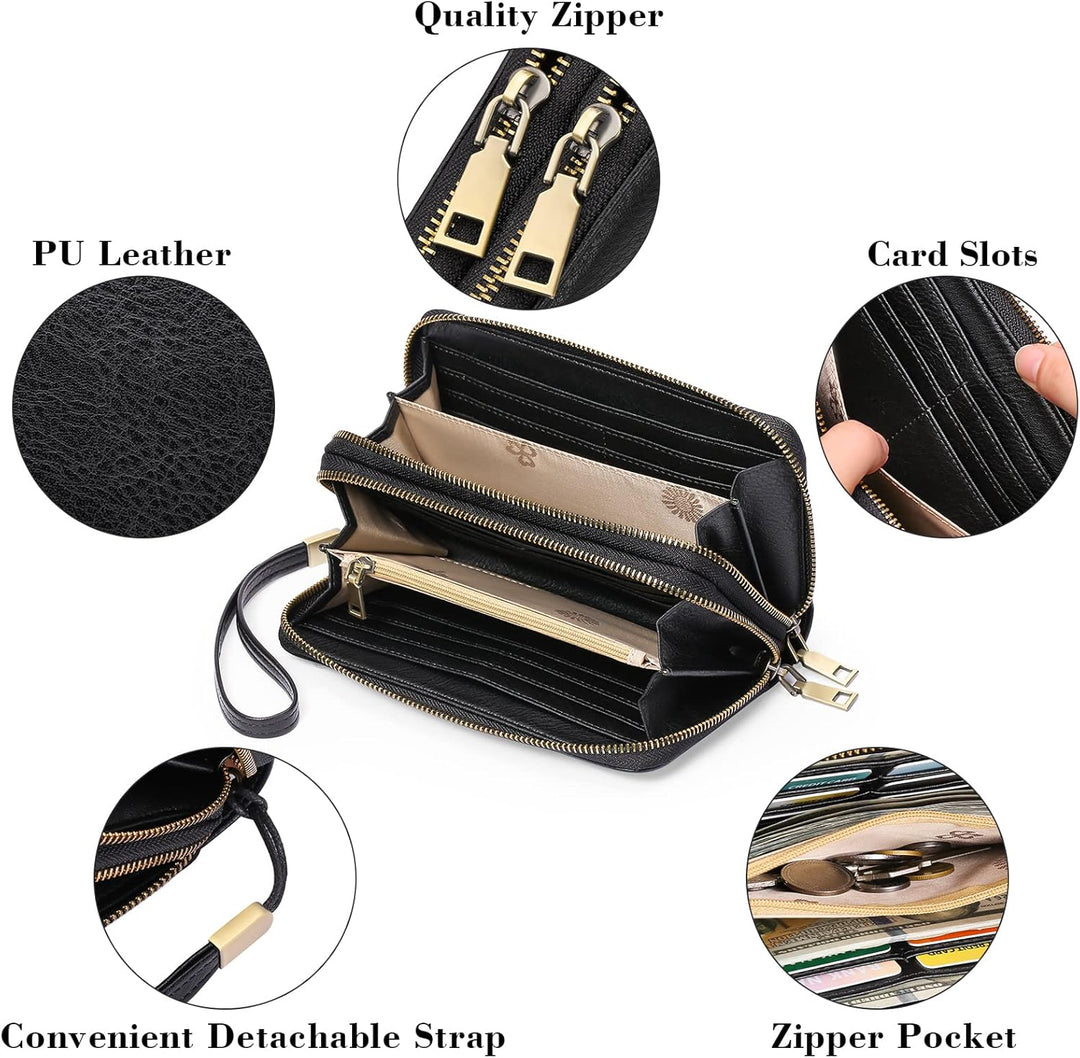 GAEKEAO Geldbörse Damen Gross, Portemonnaie Damen Veganes Leder Doppel Reissverschluss Kreditkartene