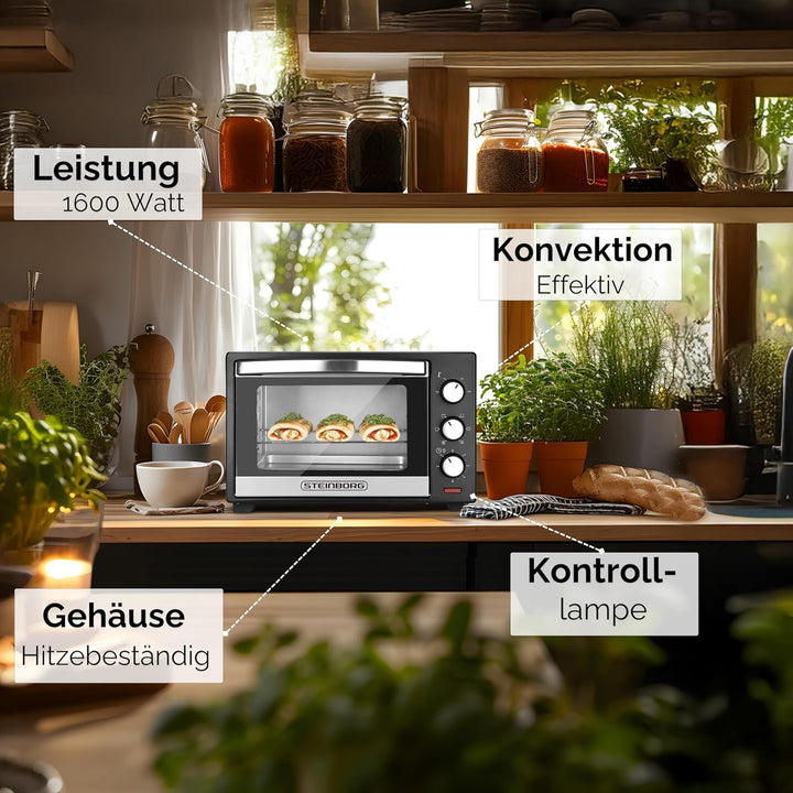 Steinborg® Mini Backofen 25 Liter Miniofen Elektro – Pizzaofen Tischbackofen 3-in-1 mit Ober-/Unterh