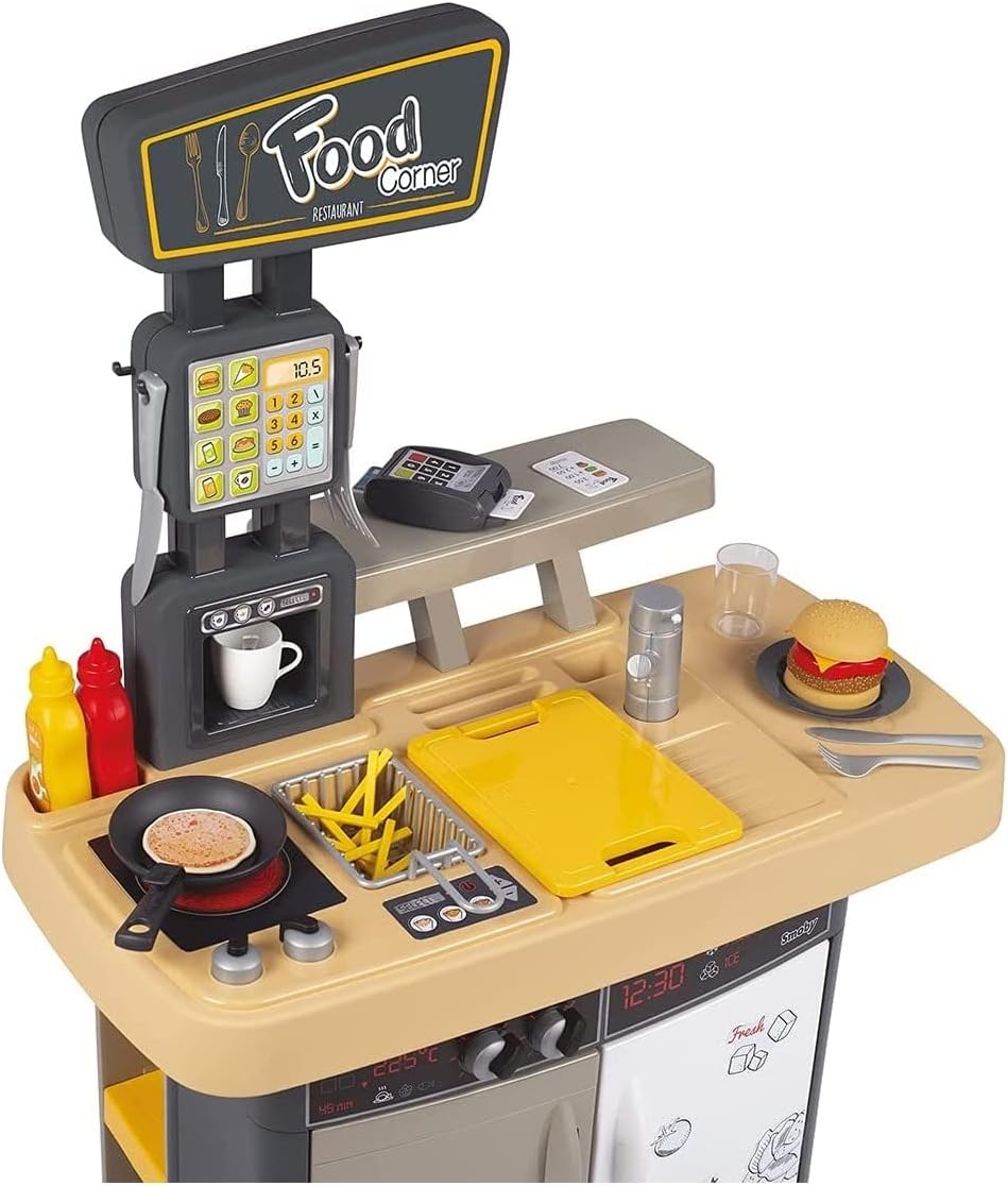Smoby - Food Corner - 2-in-1 Spielküche und Kinderrestaurant, kompakt und rundum bespielbar, mit 29