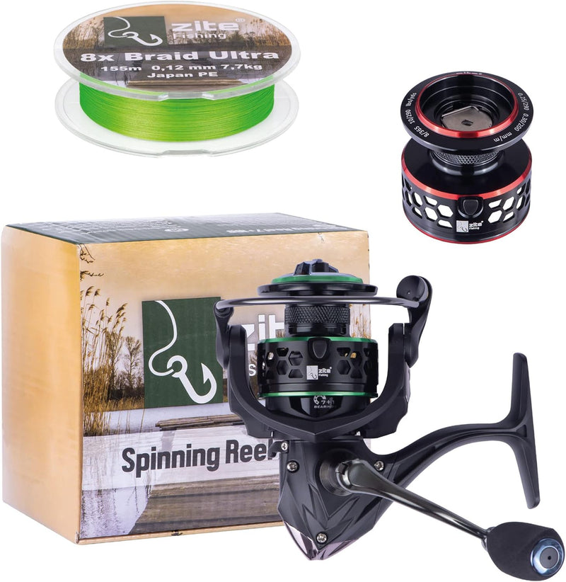 Zite Fishing Spinn-Angel-Set | Spinning Reel 3000 7+1BB | Raubfisch-Rolle | 2 Alu-Spulen | Geflochte