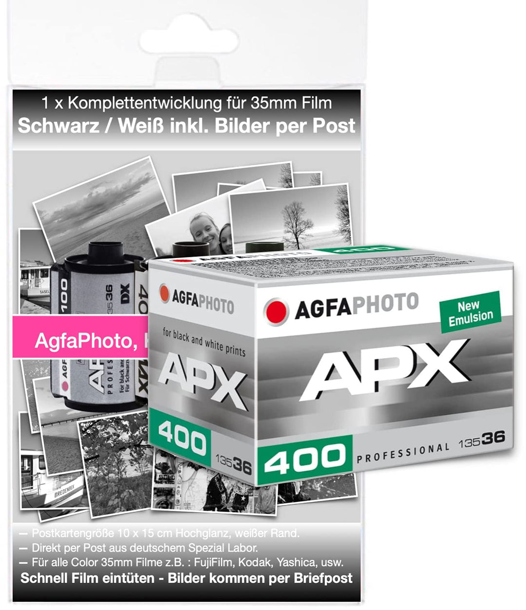 AgfaPhoto APX400 Schwarz/Weiss Film 400 ASA für bis zu 36 Bilder incl. Komplettentwicklung der Bilde