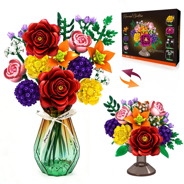 KOJAYHOL Blumen Steine Set, 933 Teile Künstlicher Blumenstrauss, Ewig Blühendes DIY Bausatz, Einziga