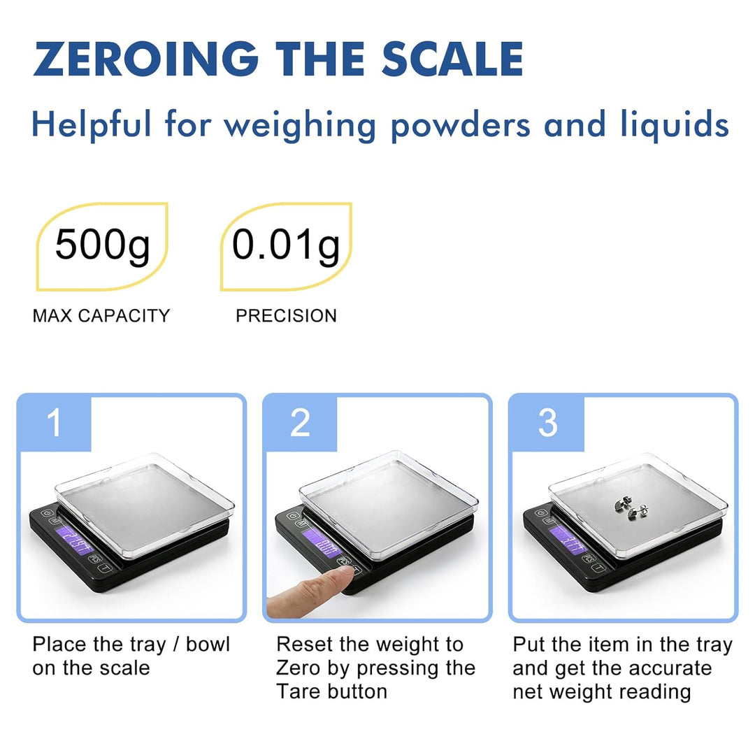 KitchenTour Digitale Küchenwaage - 500g/0,01g Präzisionswaage mit hintergrundbeleuchtetem LCD-Displa
