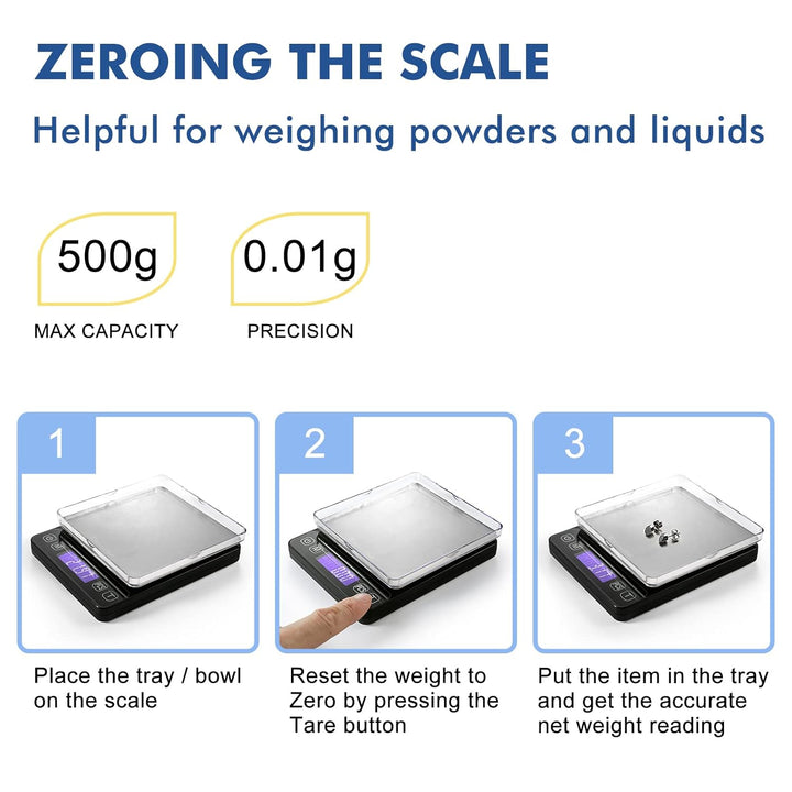 KitchenTour Digitale Küchenwaage - 500g/0,01g Präzisionswaage mit hintergrundbeleuchtetem LCD-Displa