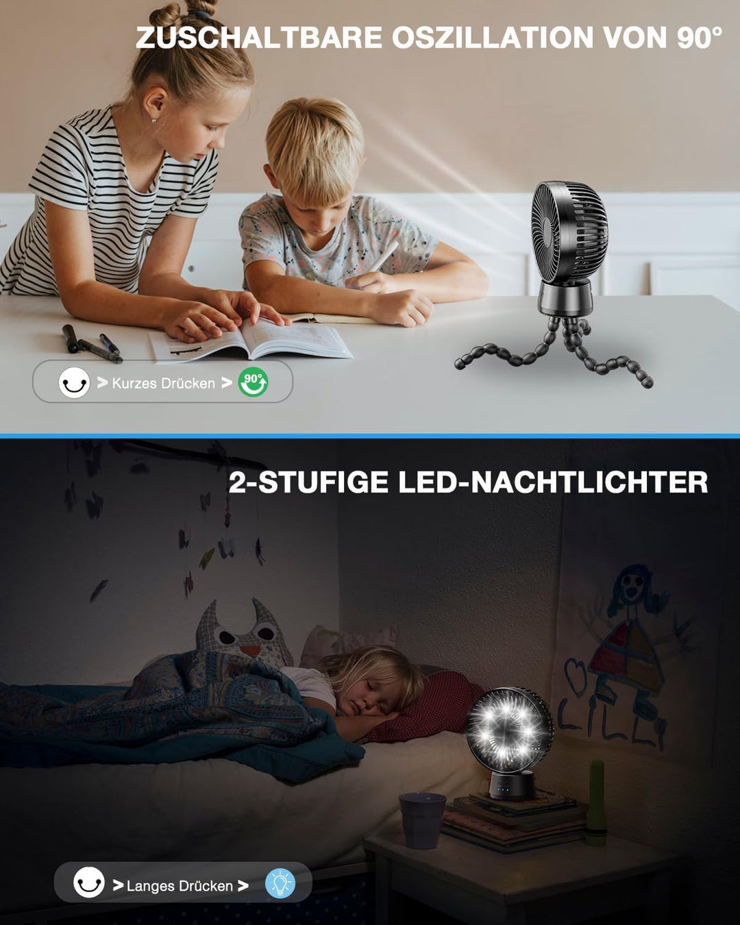 120° Oszillierend Kinderwagen-Ventilatoren, 10000mAh Akku Tischventilator Sehr Leise Laufzeit 40 Std