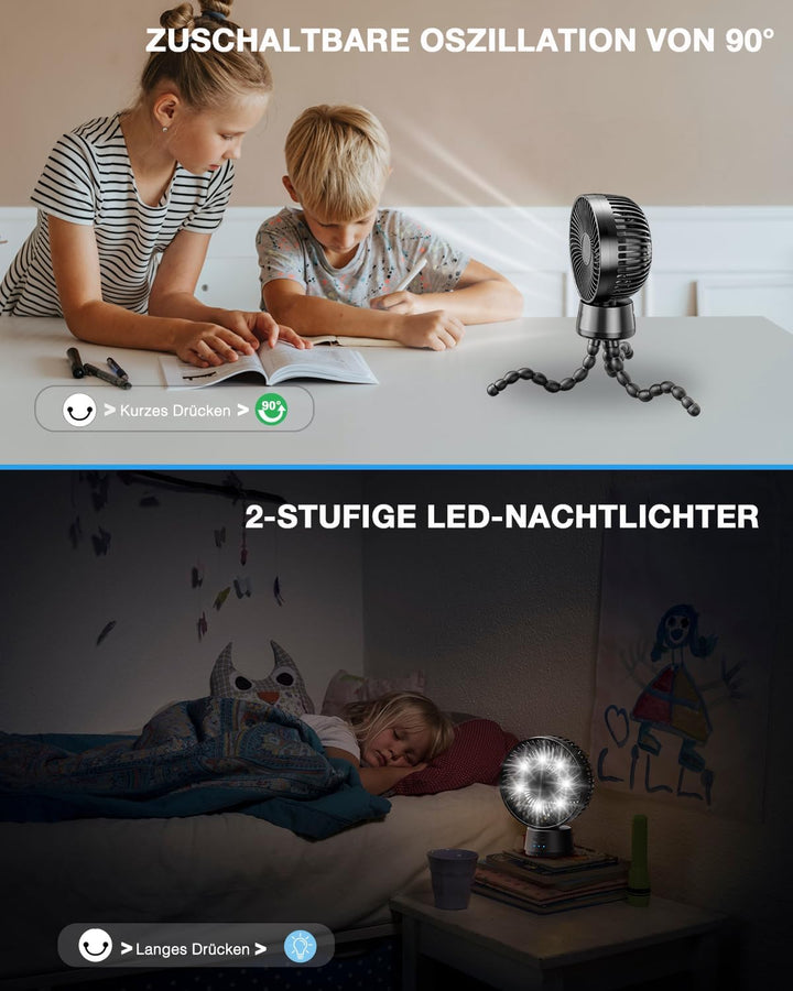 120° Oszillierend Kinderwagen-Ventilatoren, 10000mAh Akku Tischventilator Sehr Leise Laufzeit 40 Std