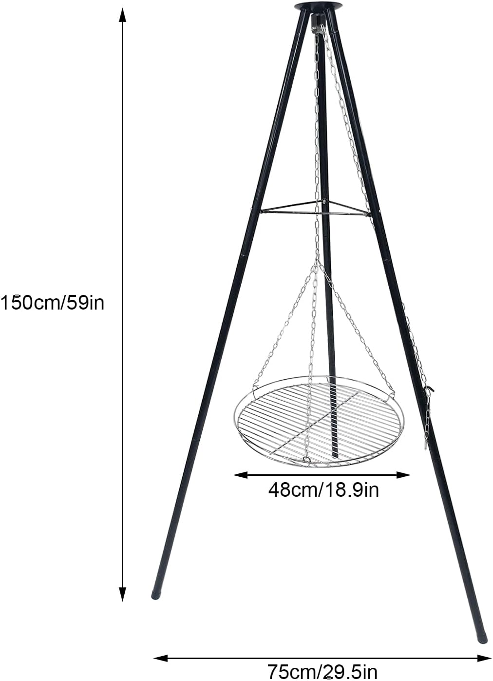Dreibein Schwenkgrill 150 cm, Ø 48 cm 304 Edelstahl Grillplatte | Mit Kurbel &amp; Kette, Höhenverstellb