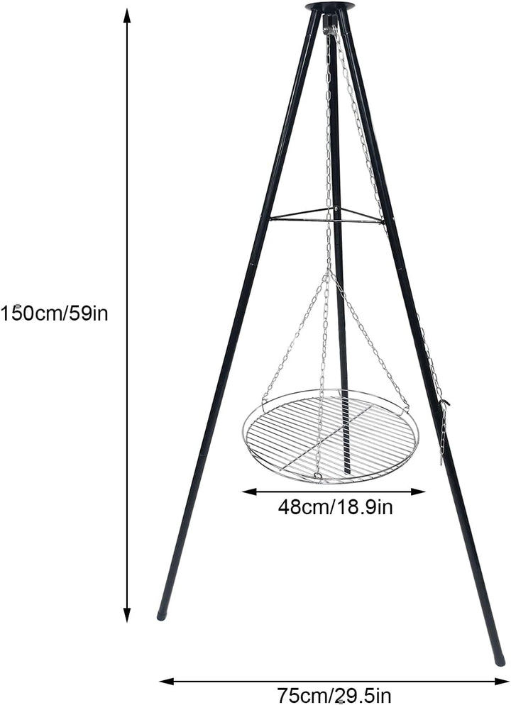 Dreibein Schwenkgrill 150 cm, Ø 48 cm 304 Edelstahl Grillplatte | Mit Kurbel &amp; Kette, Höhenverstellb