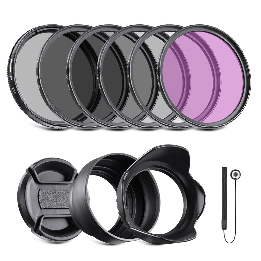 NEEWER Objektiv Filter Set 55mm UV CPL und ND Filters(ND2, ND4, ND8) FLD Filter, Tulpenförmiger Blen