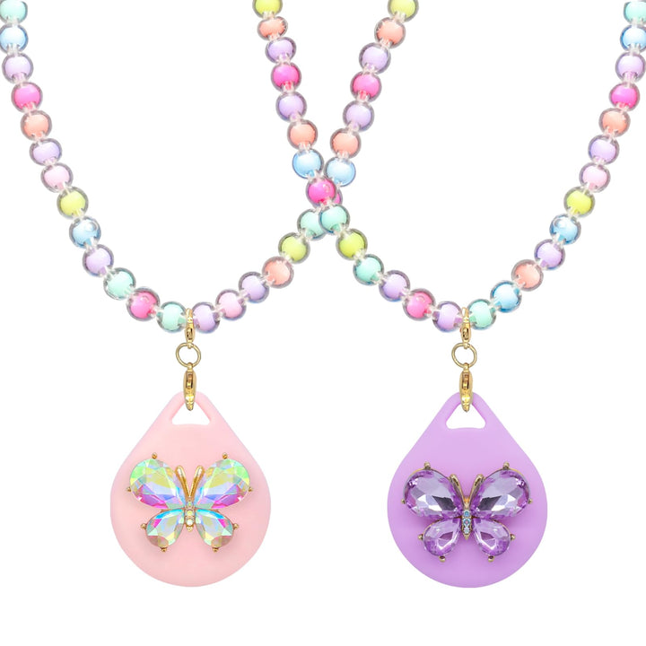 2 Stück Kinder-Halskettenhalter für Airtag, niedliche Mädchen, rosa und violett, Schmetterlings-Perl