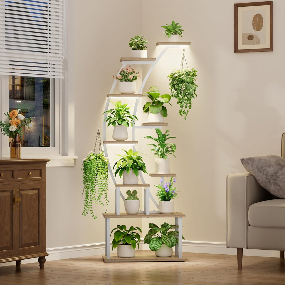 Pflanzenständer mit Wachstumslicht - 9 Ebenen Blumenständer 160 cm Metall Holz Pflanzenregal - Innen