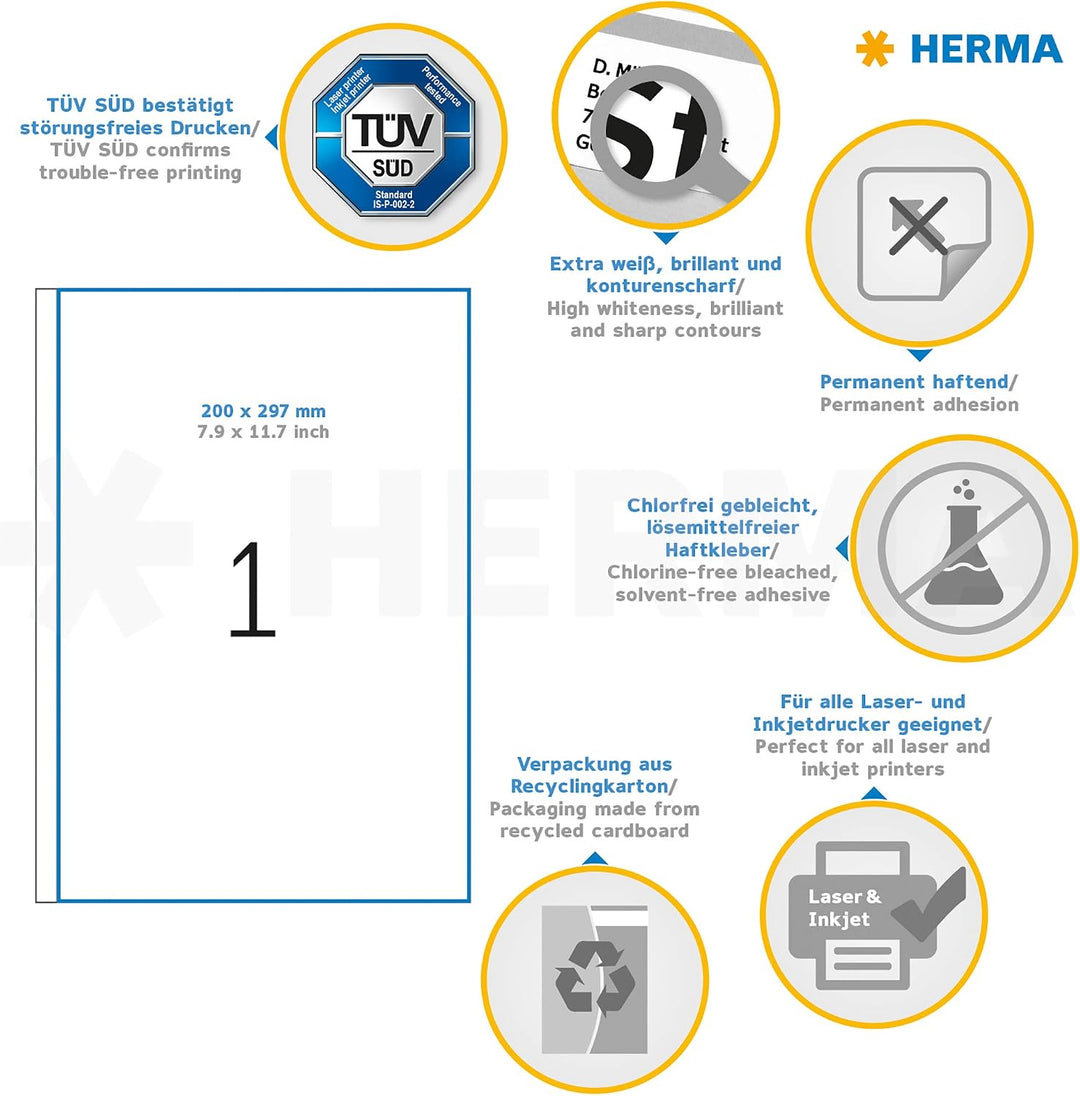 HERMA 4458 Universal Etiketten, 100 Blatt, 200 x 297 mm, 1 Stück pro A4 Bogen, 100 Aufkleber, selbst