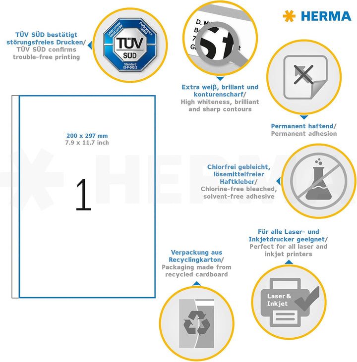 HERMA 4458 Universal Etiketten, 100 Blatt, 200 x 297 mm, 1 Stück pro A4 Bogen, 100 Aufkleber, selbst